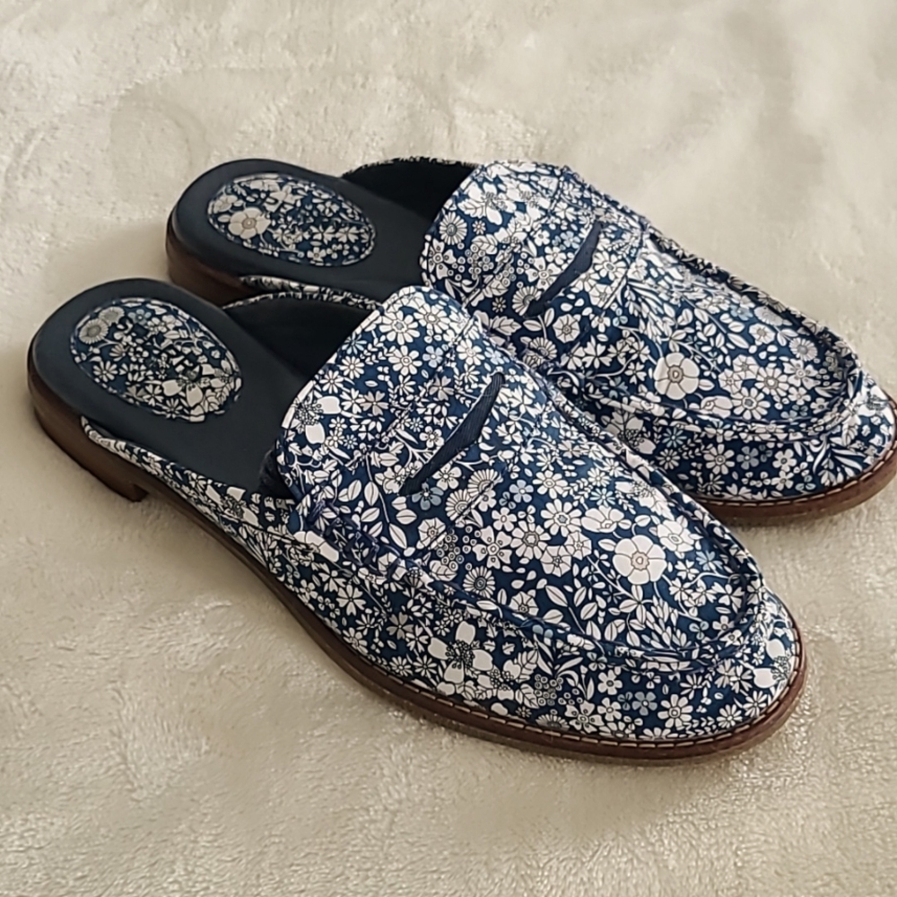 Sperry Seaport Fina Blue Ivory Floral Slip on Mules Shoes Flats Size 9M